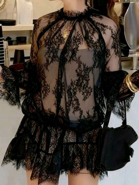 Dresses & Skirts - Women's Elegant Lace Dress, Long Sleeve, Small Stand Collar, Ruffle Design, Eleg